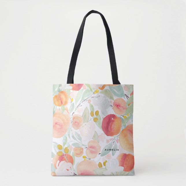 Watercolor Peaches and Flowers Pattern Tote Bag (Front)