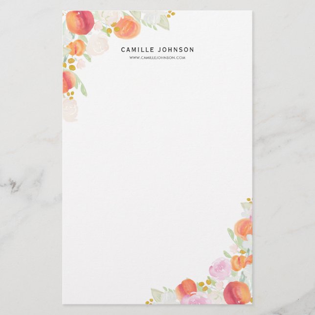 Watercolor Peaches and Flowers Personalised Stationery (Front)