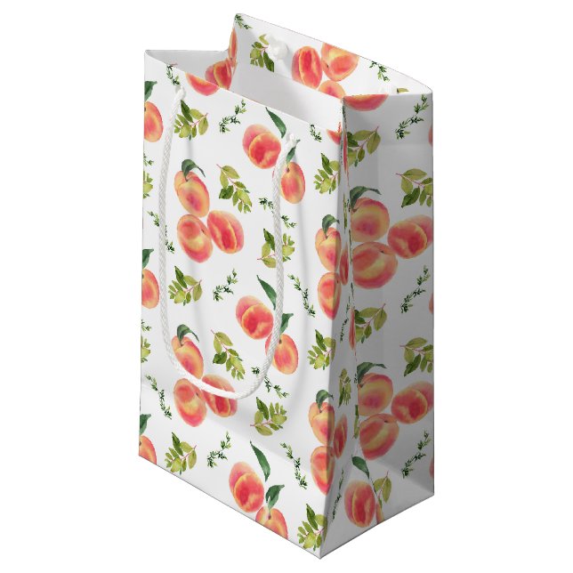 Watercolor Peaches and Greenery Botanical Pattern  Small Gift Bag (Front Angled)