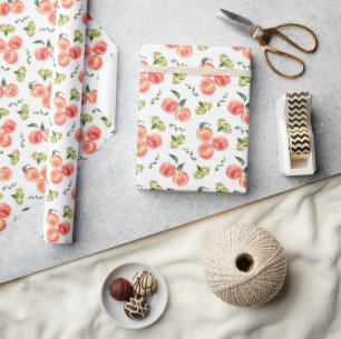 Watercolor Peaches and Greenery Botanical Pattern Wrapping Paper