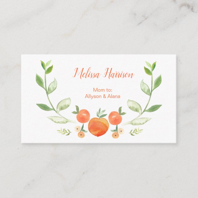 Watercolor Peaches and Greenery Mummy Calling Card (Front)