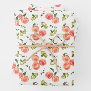Watercolor Peaches and Greenery Pattern Botanical Wrapping Paper Sheet