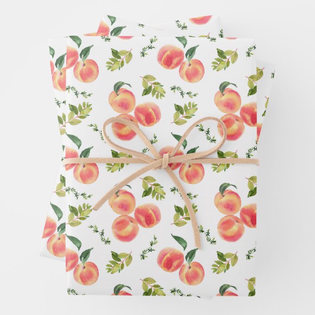 Watercolor Peaches and Greenery Pattern Botanical Wrapping Paper Sheet (In situ)