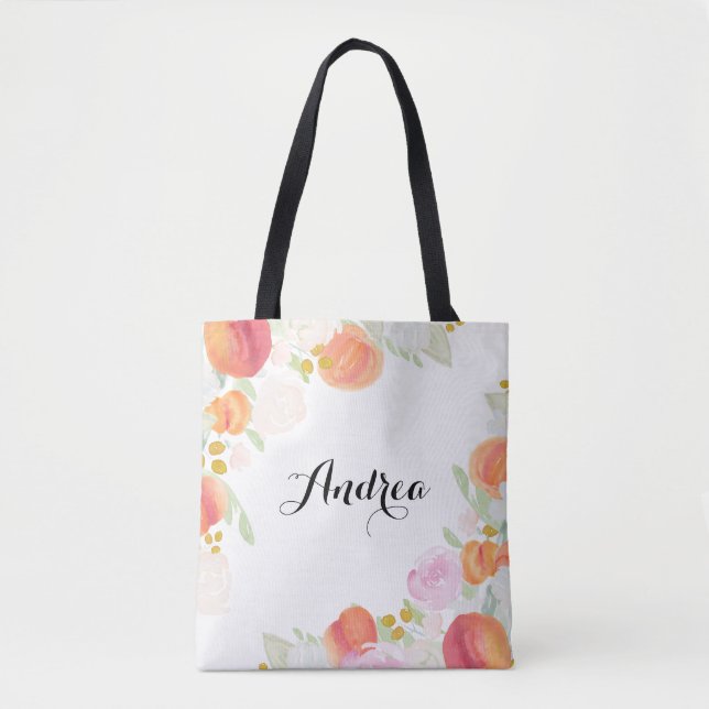 Watercolor Peaches Floral Personalised Tote Bag (Front)