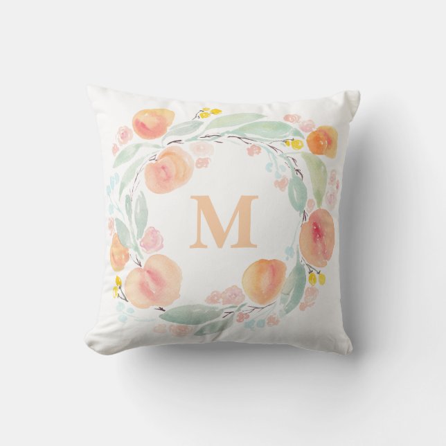 Watercolor Peaches Foliage Wreath Monogram Pillow (Front)