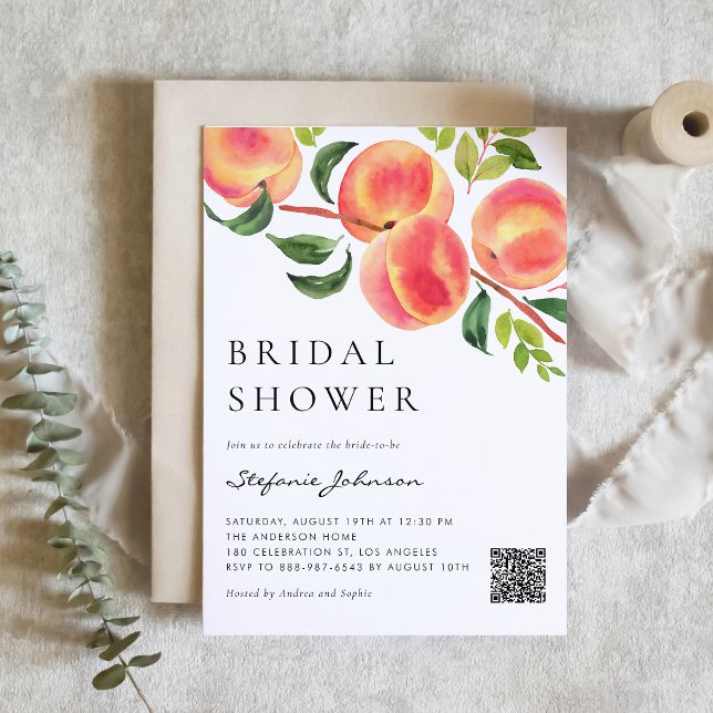 Watercolor Peaches Greenery QR Code Bridal Shower Invitation (Watercolor peach bridal shower QR code invitation for a sweet summer celebration.)