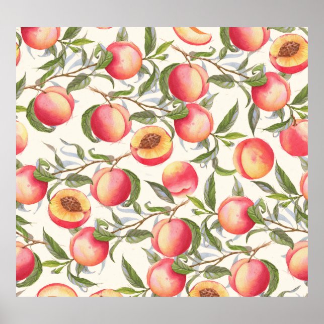 Watercolor peaches, seamless floral pattern. poster (Front)