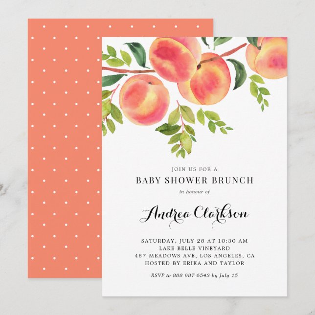 Watercolor Peaches Summer Baby Shower Brunch Invitation (Front/Back)