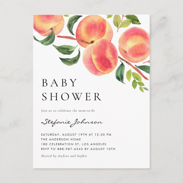 Watercolor Peaches Summer Baby Shower Invitation Postcard (Front)