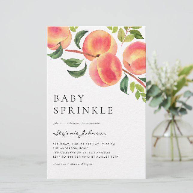 Watercolor Peaches Summer Baby Sprinkle Invitation (Standing Front)