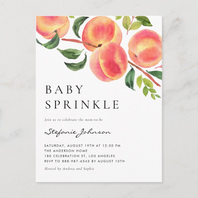 Watercolor Peaches Summer Baby Sprinkle Invitation Postcard (Front)
