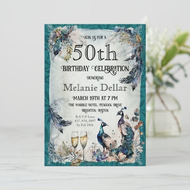 Watercolor Peacock 50th Birthday Invitation (Standing Front)