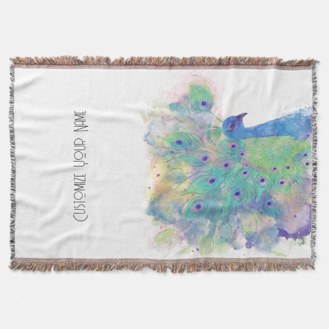 Watercolor Peacock Art Throw Blanket (Front)