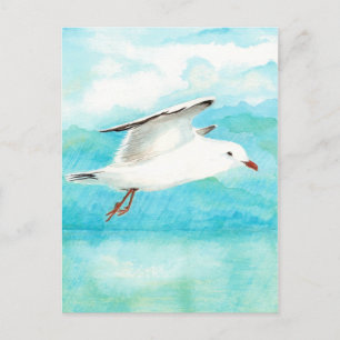 Watercolor Peacock Blue Seagull in the Rain Bird Postcard