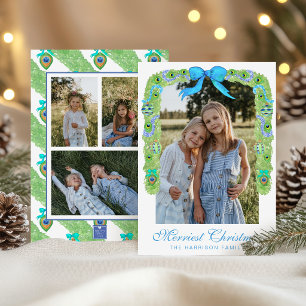 Watercolor Peacock Christmas Garland Swag Photo Holiday Card
