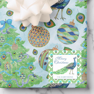 Watercolor Peacock Christmas Square Sticker