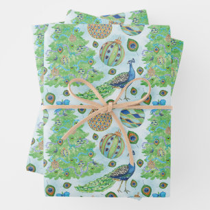 Watercolor Peacock Christmas Wrapping Paper Sheet