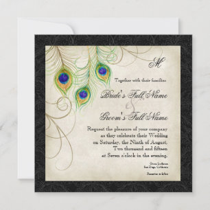 Watercolor Peacock Feather Black Damask Invite