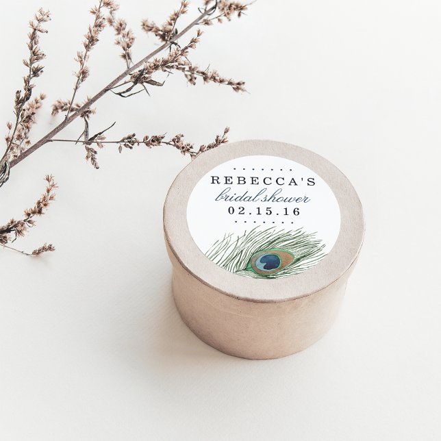 Watercolor Peacock Feather Bridal Shower Classic Round Sticker (Creator Uploaded)