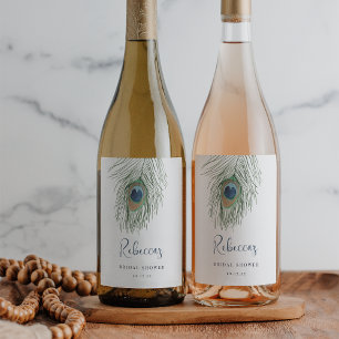 Watercolor Peacock Feather Bridal Shower Favour Wine Label