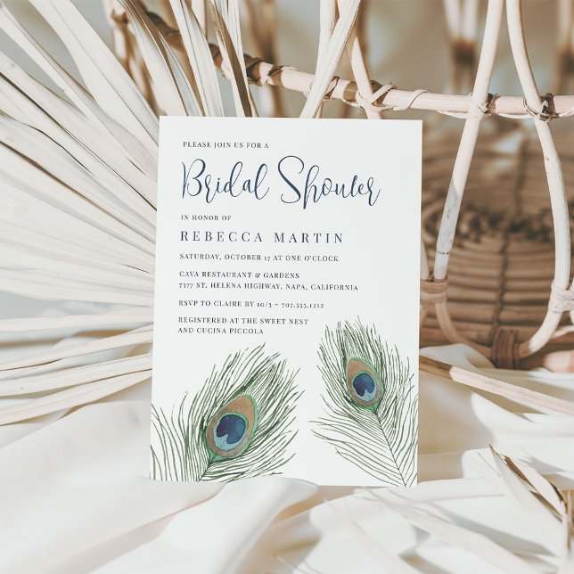 Watercolor Peacock Feather Bridal Shower Invitation (Creator Uploaded)
