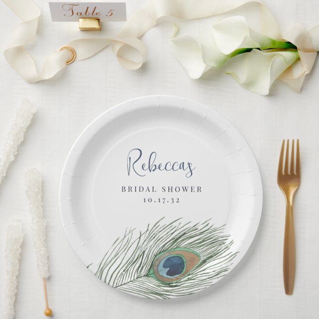 Watercolor Peacock Feather Bridal Shower Paper Plate (Wedding)