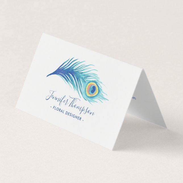Watercolor Peacock Feather Business Card (Front)