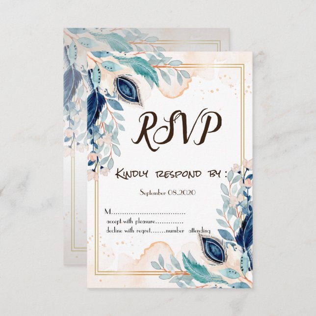 Watercolor Peacock Feather Floral RSVP Invitation (Front/Back)