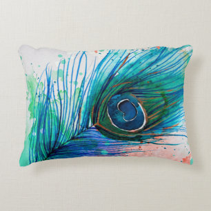 Watercolor Peacock Feather Pillow