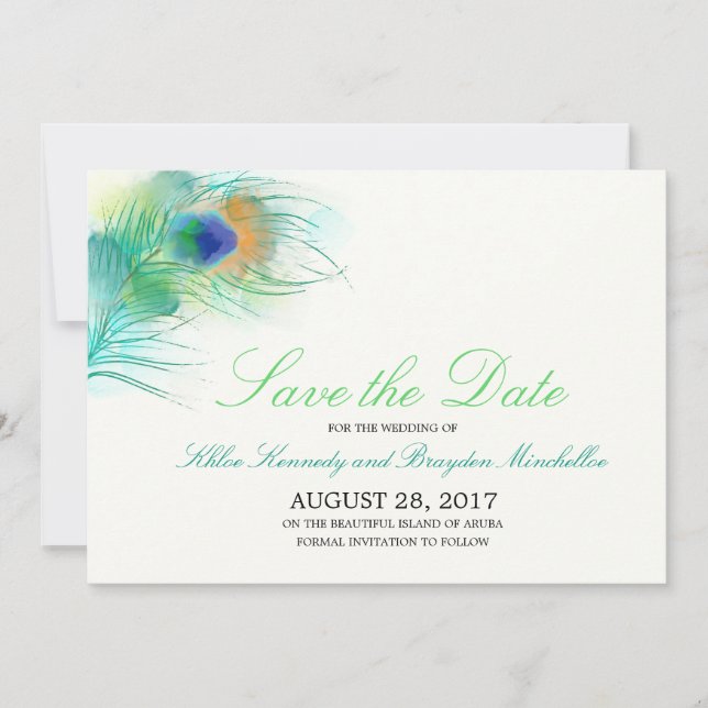 Watercolor Peacock Feather Save the Date (Front)
