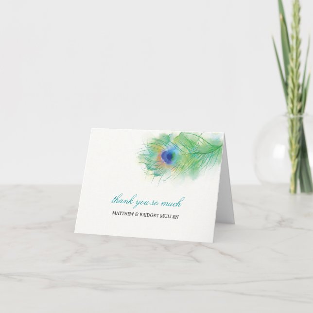 Watercolor Peacock Feather Thank You Card (Front)