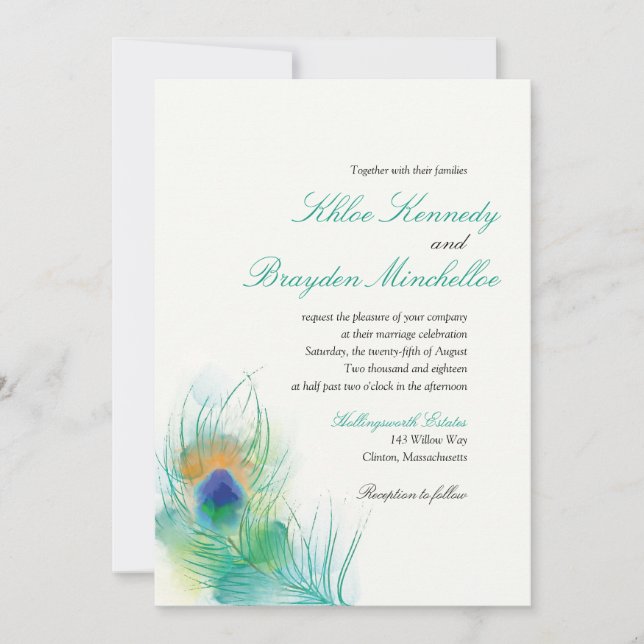Watercolor Peacock Feather Wedding Invitation (Front)