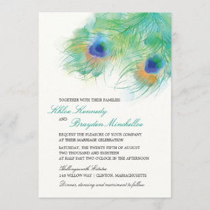 Watercolor Peacock Feather Wedding Invitation
