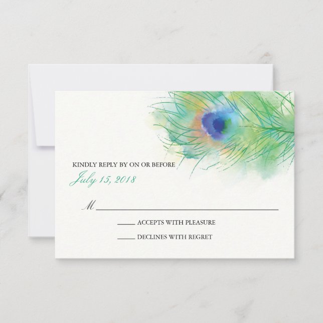 Watercolor Peacock Feather Wedding RSVP (Front)