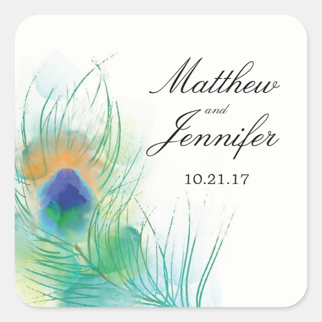 Watercolor Peacock Feather Wedding Square Sticker (Front)