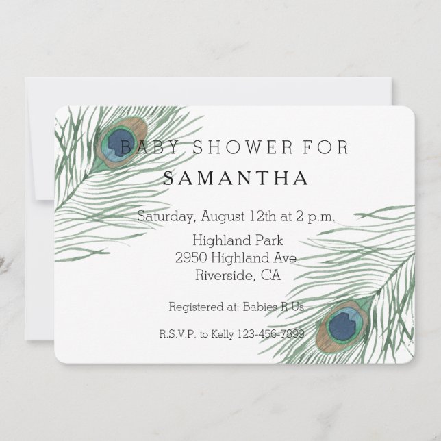 Watercolor Peacock Feathers baby shower Invitation (Front)