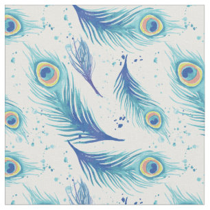 Watercolor Peacock Feathers Pattern Fabric