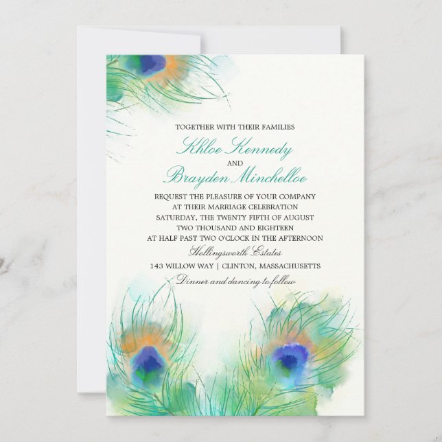 Watercolor Peacock Feathers Wedding Invitation (Front)
