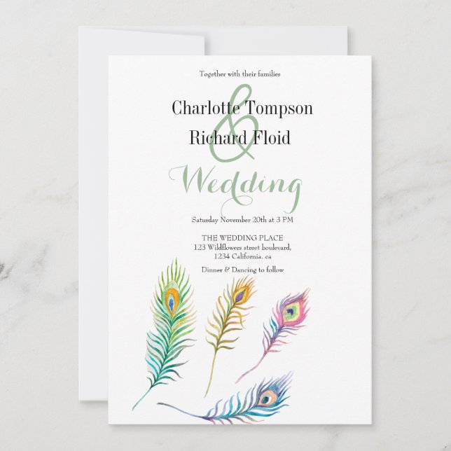 Watercolor Peacock Feathers Wedding  Invitation (Front)
