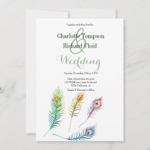Watercolor Peacock Feathers Wedding  Invitation