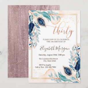 Watercolor Peacock Floral 30th Birthday  Invitation
