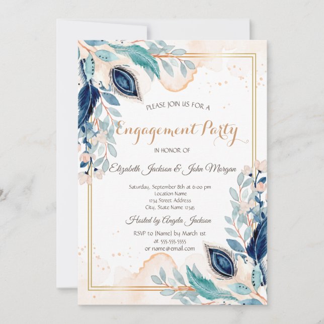 Watercolor Peacock Floral Dark Blue Engagement  Invitation (Front)