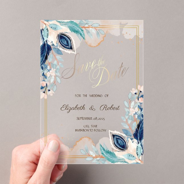 Watercolor Peacock Floral Save The Date Acrylic Invitations (Insitu (Handheld))