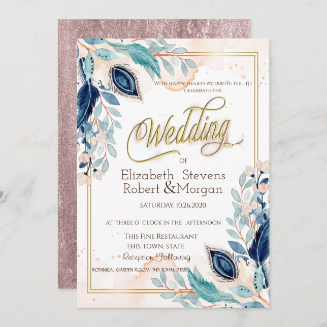 Watercolor Peacock Floral Wedding Invitation (Front/Back)