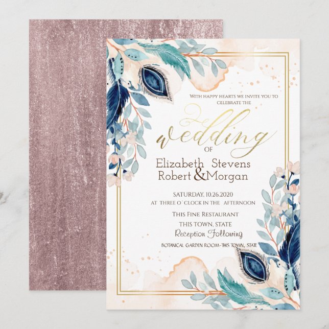Watercolor Peacock Flowers Wedding Invitation (Front/Back)