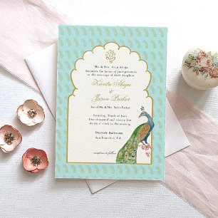 Watercolor Peacock & Ganesh in gold Wedding  Invitation