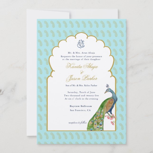 Watercolor peacock & Ganesh Wedding Invitation (Front)