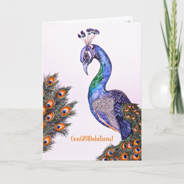Watercolor Peacock Graduation Folded Greeting Card (Front)