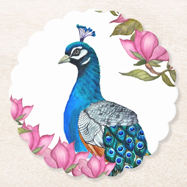 Watercolor peacock paper coaster (Front)