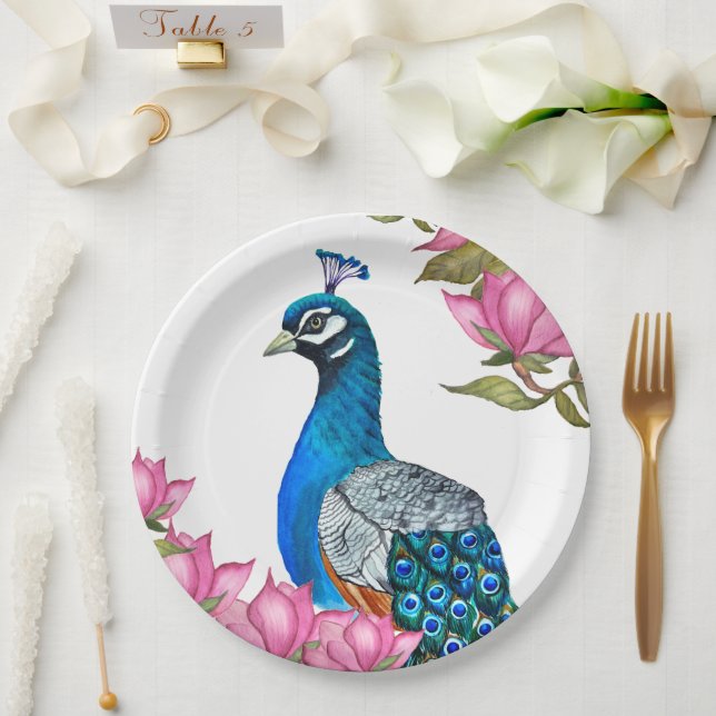Watercolor peacock paper plate (Wedding)